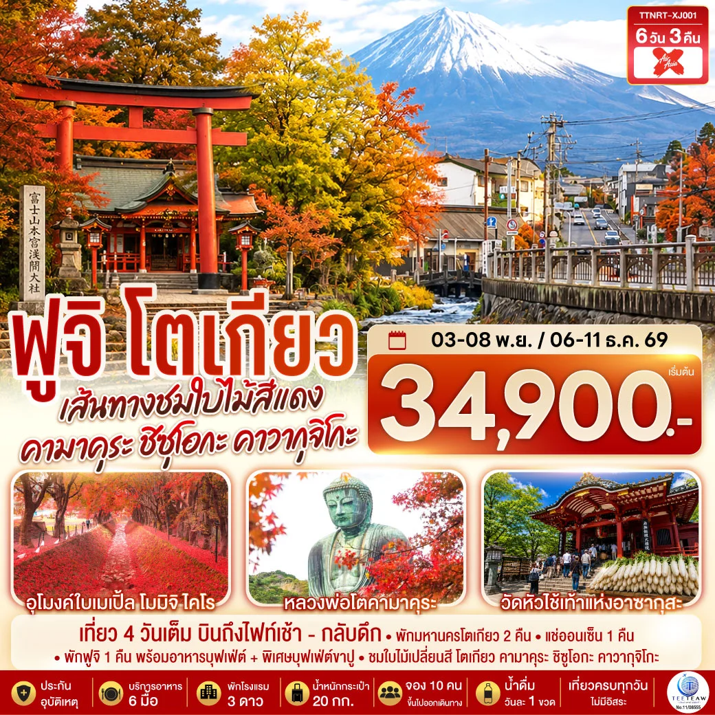ทัวร์ญี่ปุ่น โตเกียว คามาคุระ ชิซุโอกะ คาวากุจิโกะ เส้นทางชมใบไม้สีแดง สู่ฟูจิ 6วัน 3คืน (XJ)